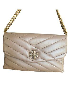 Tory Burch Kira Chevron Small Crossbody Bag Taupe Leather Gold Hardware